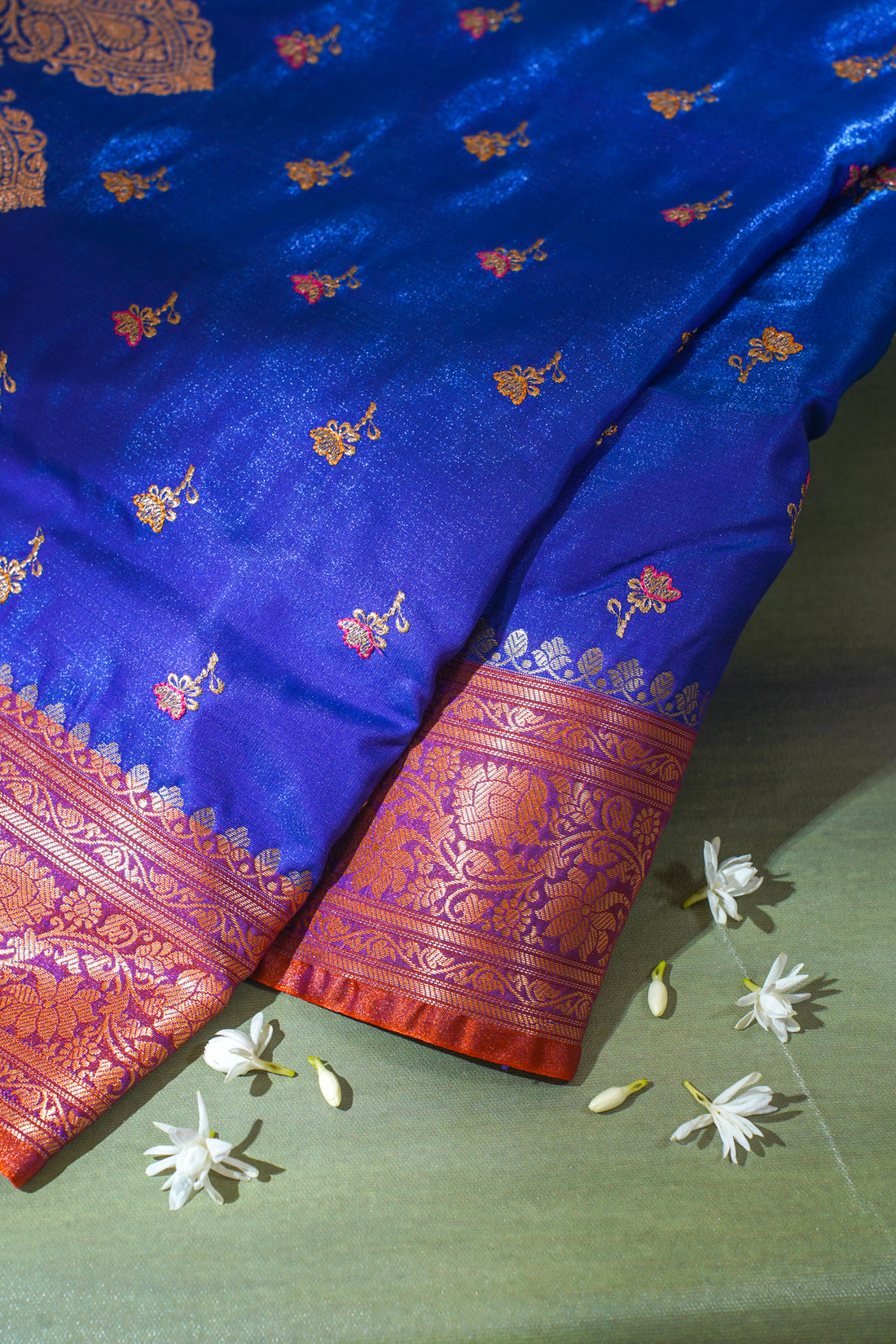 Royal Blue Banarasi Satin Silk Saree with Zari Embroidery Buti Work