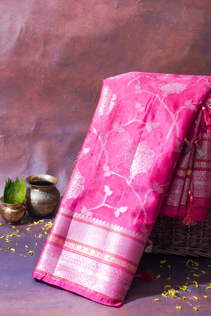 Bright Pink Warm Silk Banarasi Jaal Saree