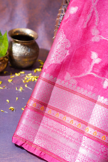 Bright Pink Warm Silk Banarasi Jaal Saree