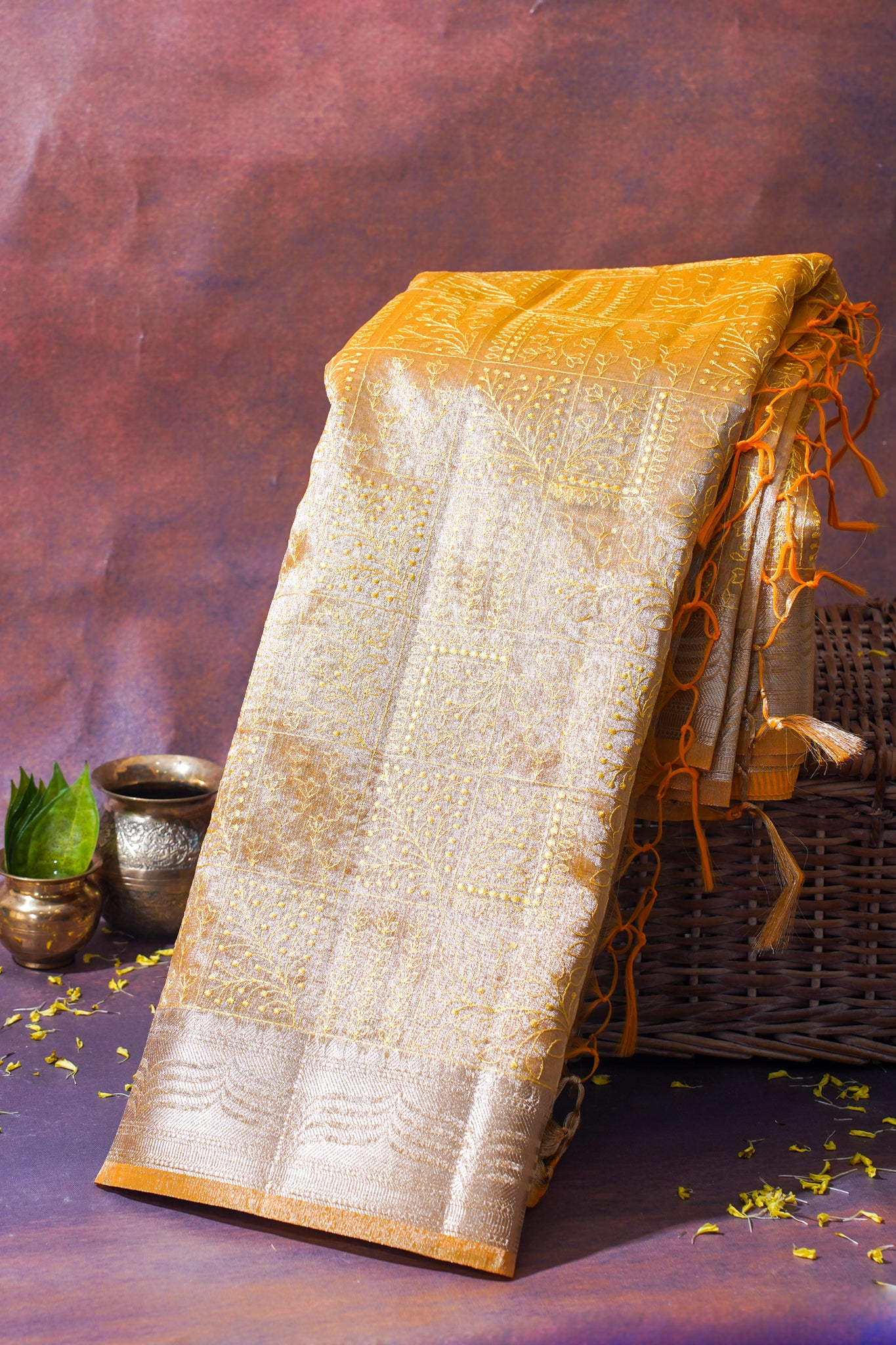 Golden Yellow Tissue Silk Saree with Chikankari Embroidery