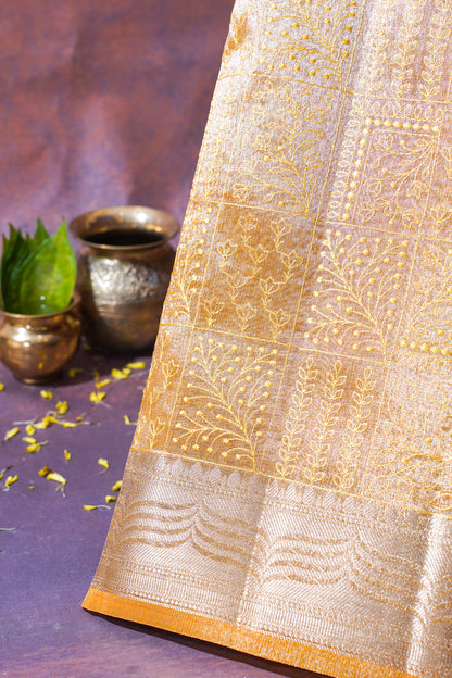 Golden Yellow Tissue Silk Saree with Chikankari Embroidery