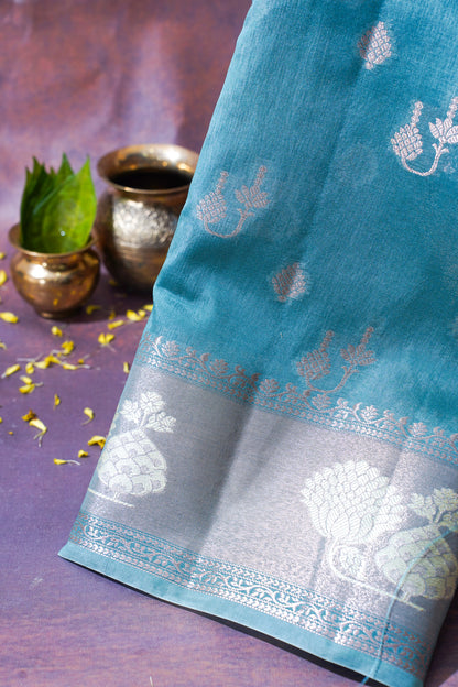 Teal Blue Warm Silk Banarasi Premium Saree