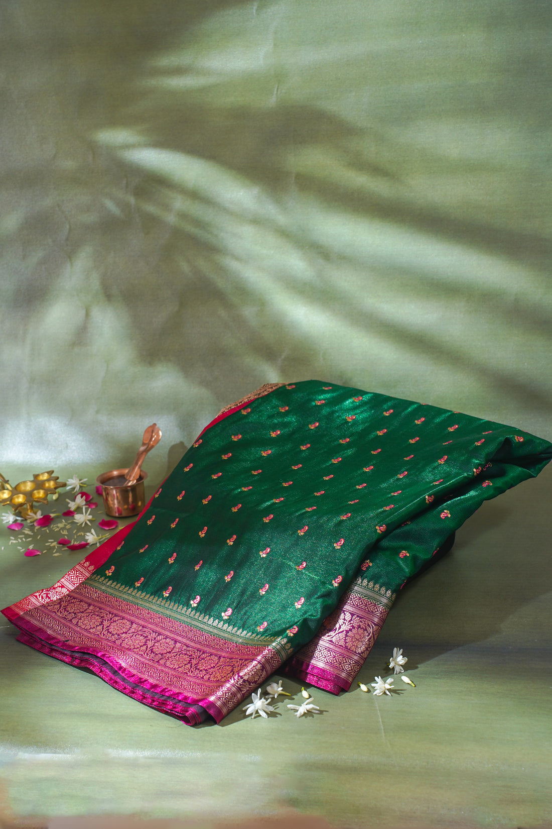 Green Banarasi Satin Silk Saree with Zari Embroidery Buti Work