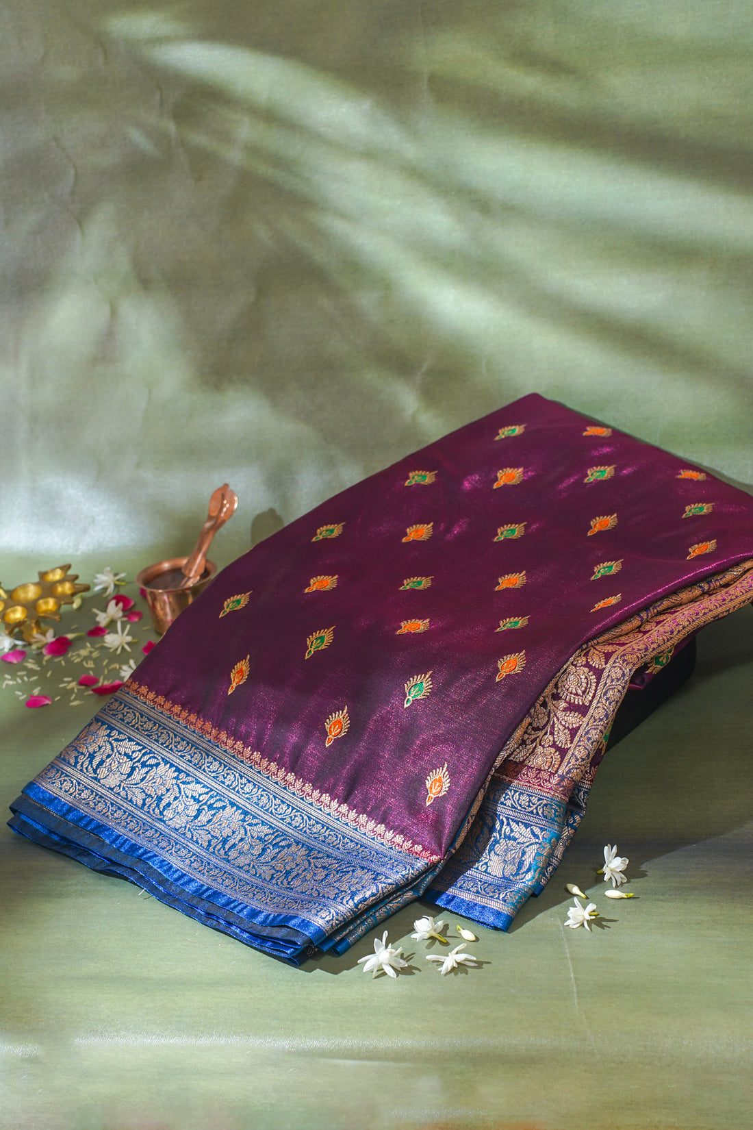 Wine Banarasi Satin Silk Saree with Zari Embroidery Buti Work