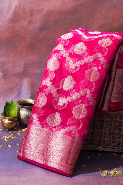 Rani Pink Organza Banarasi Jaal Weaving Saree