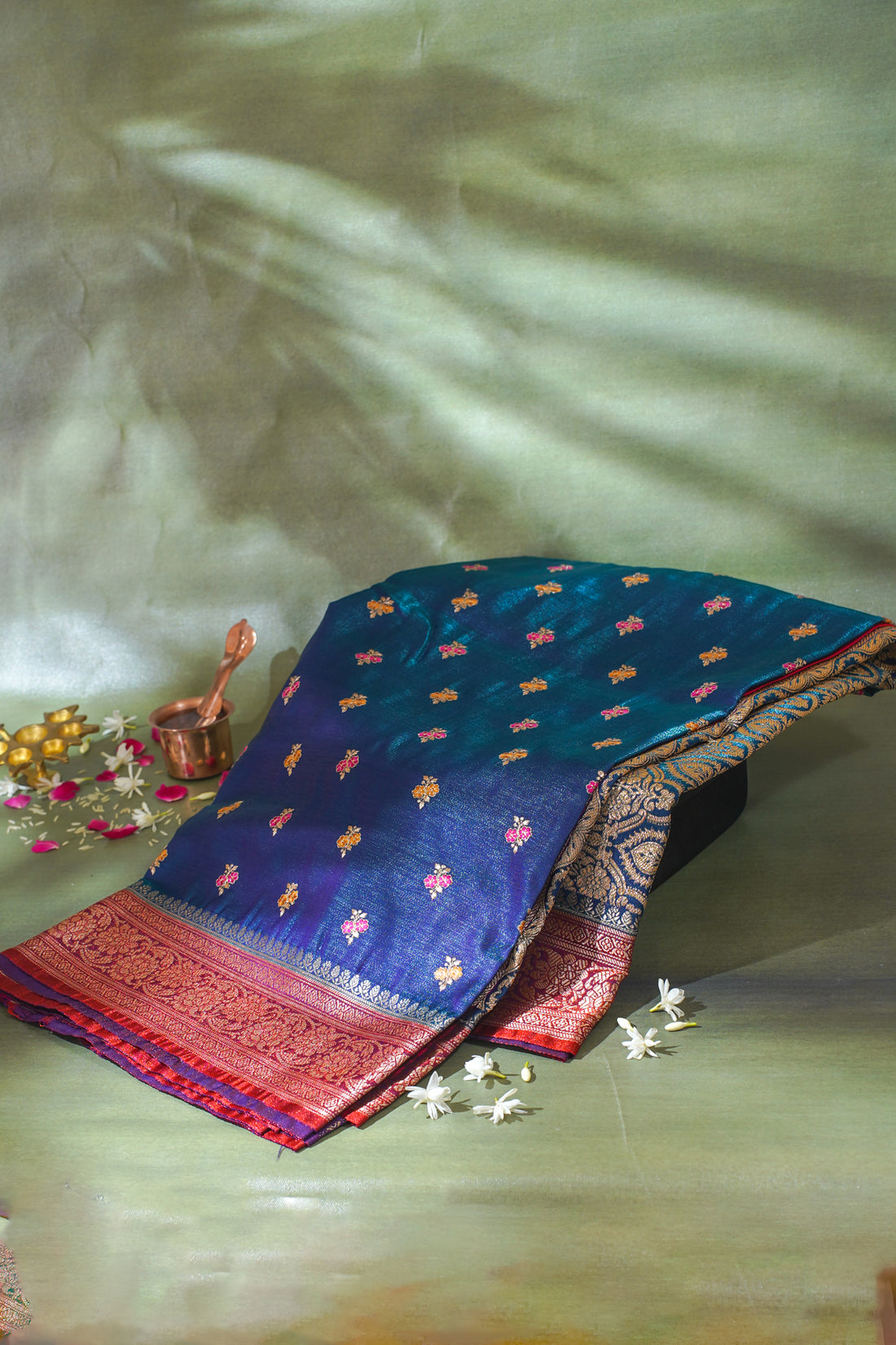 Teal Blue Banarasi Satin Silk Saree with Zari Embroidery Buti Work
