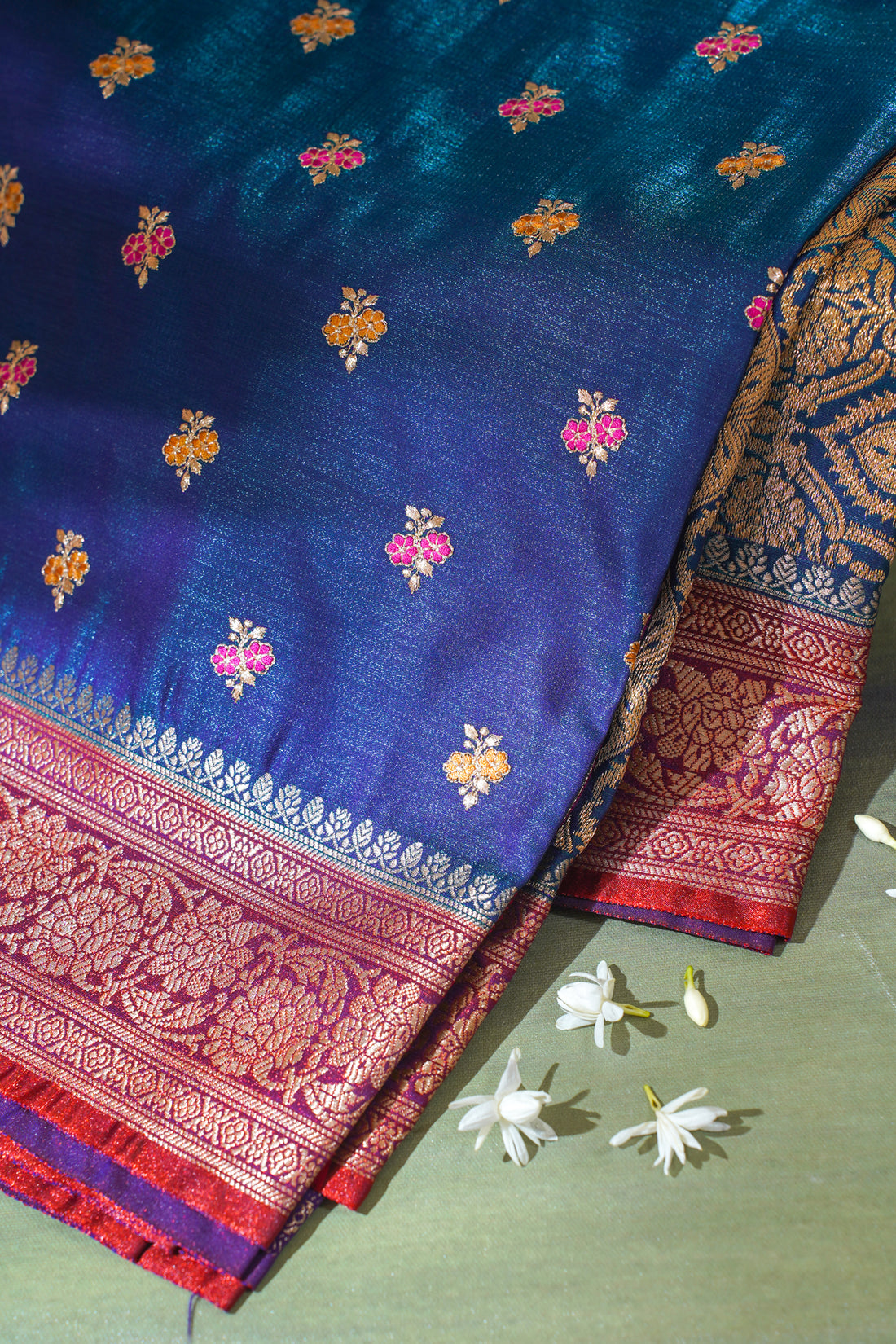 Teal Blue Banarasi Satin Silk Saree with Zari Embroidery Buti Work