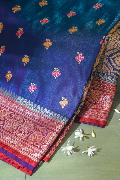 Teal Blue Banarasi Satin Silk Saree with Zari Embroidery Buti Work