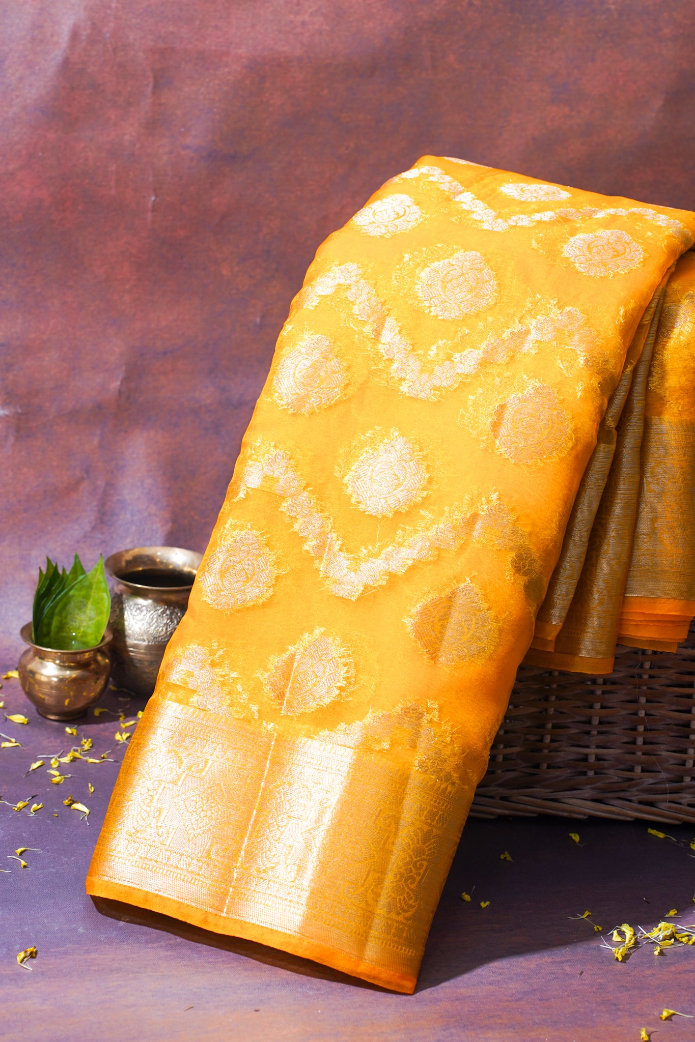 Mustard Yellow Organza Banarasi Jaal Weaving Saree