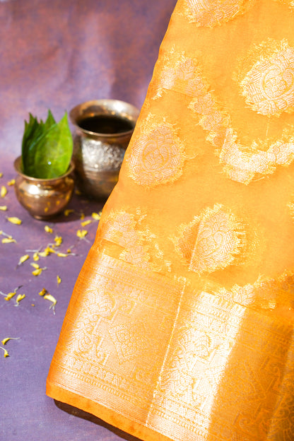 Mustard Yellow Organza Banarasi Jaal Weaving Saree