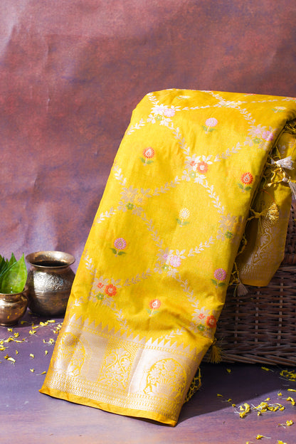 Mustard Yellow Warm Silk Banarasi Minakari Jaal Saree