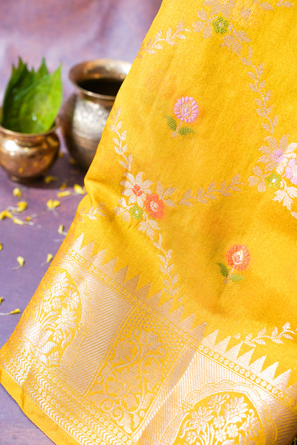 Mustard Yellow Warm Silk Banarasi Minakari Jaal Saree