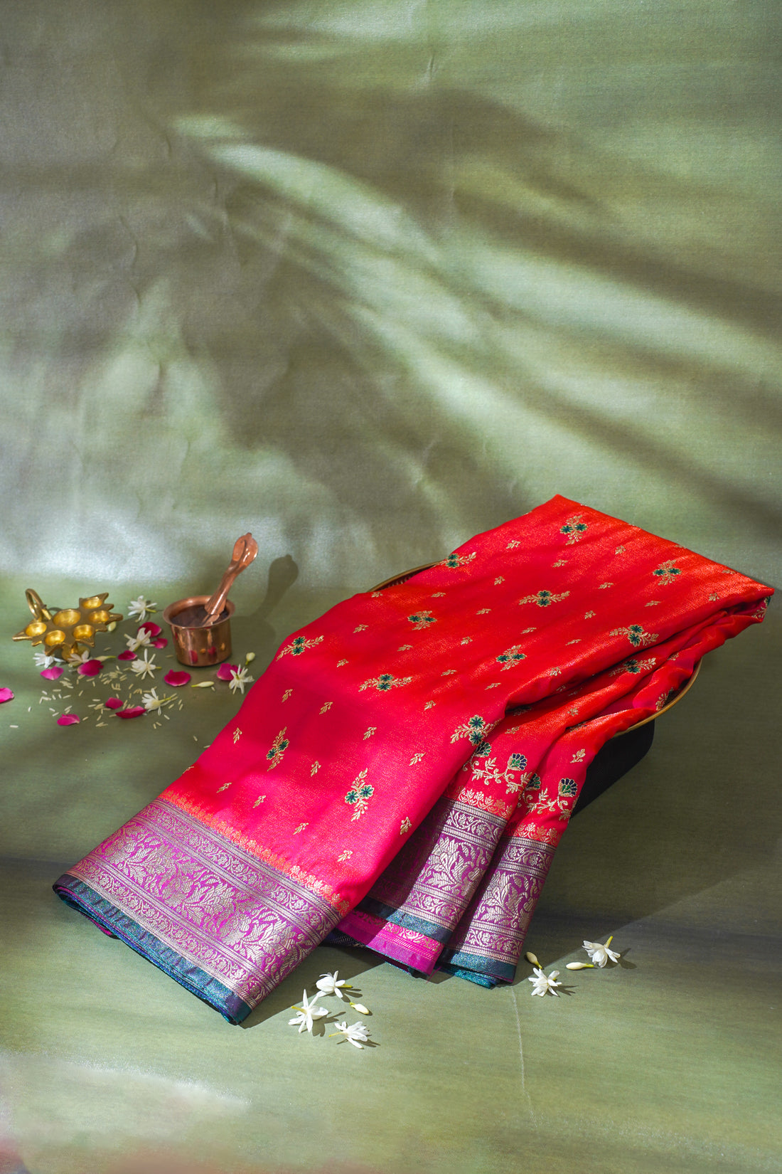 Crimson Red Banarasi Satin Silk Saree with Zari Embroidery Buti Work