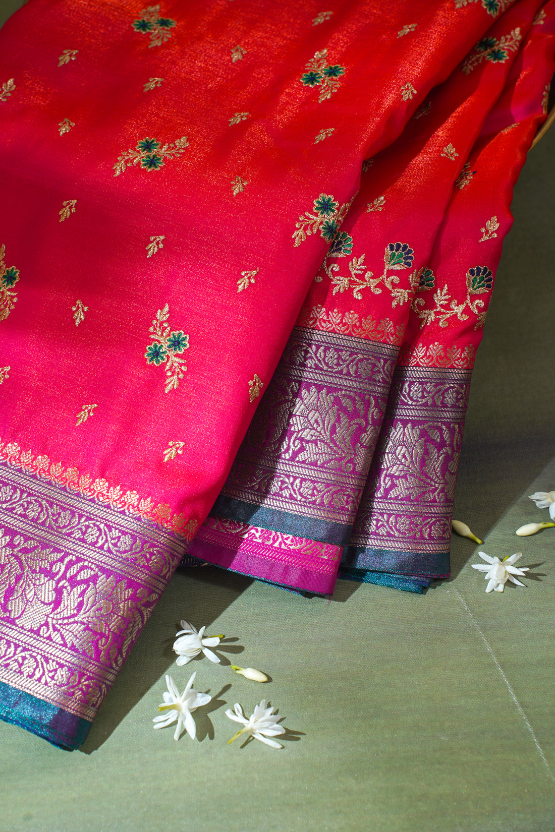 Crimson Red Banarasi Satin Silk Saree with Zari Embroidery Buti Work
