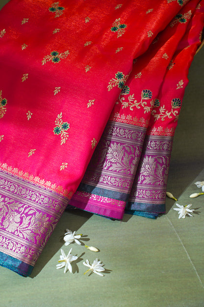 Crimson Red Banarasi Satin Silk Saree with Zari Embroidery Buti Work