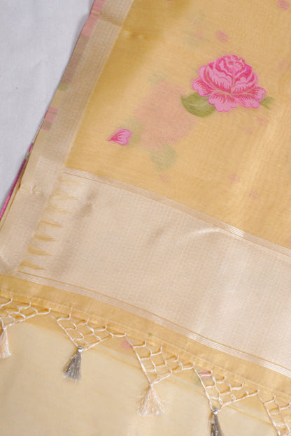 Yellow Linen Silk Minakari Saree