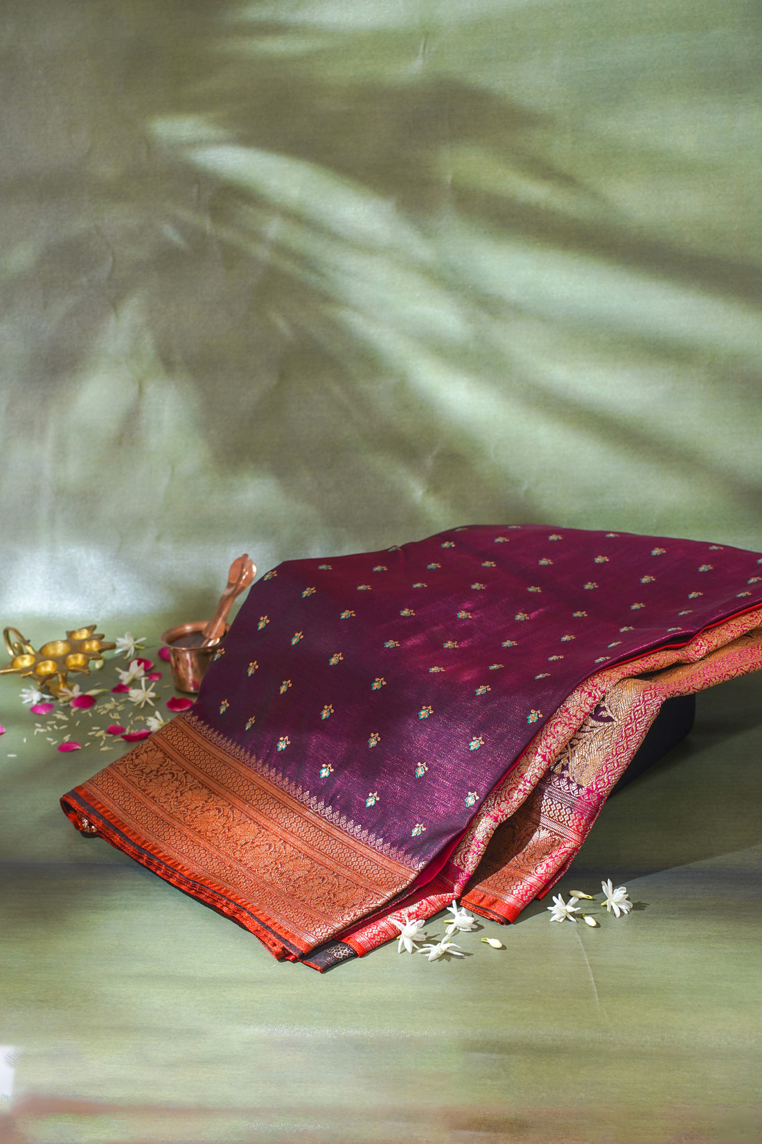 Deep Wine Banarasi Satin Silk Saree with Zari Embroidery Buti Work