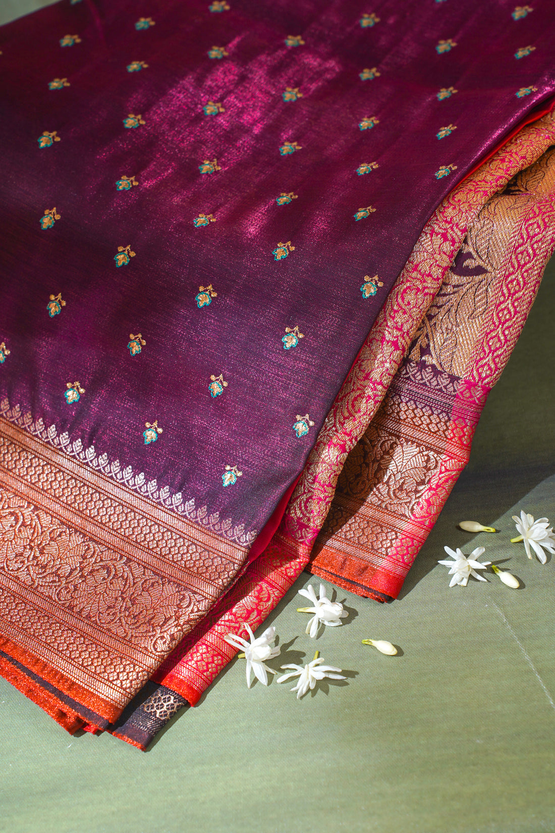 Deep Wine Banarasi Satin Silk Saree with Zari Embroidery Buti Work
