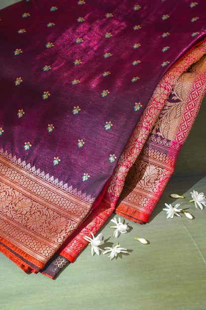 Deep Wine Banarasi Satin Silk Saree with Zari Embroidery Buti Work