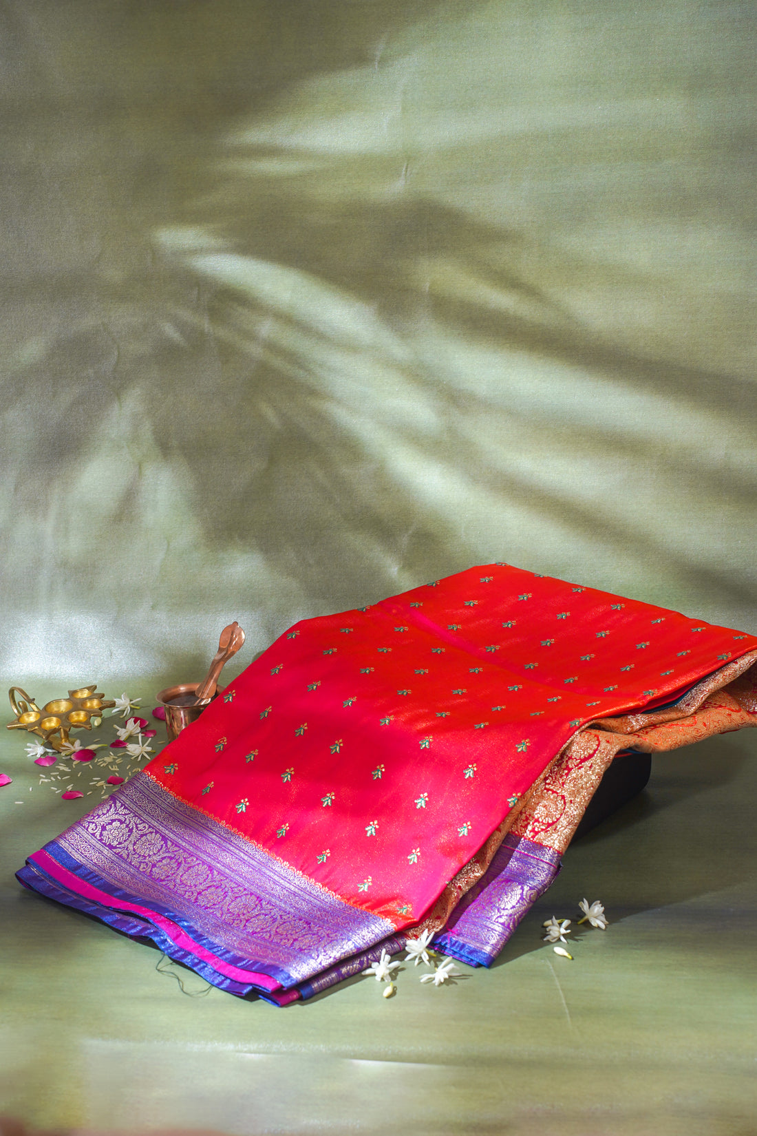 Radiant Red Banarasi Satin Silk Saree with Zari Embroidery Buti Work