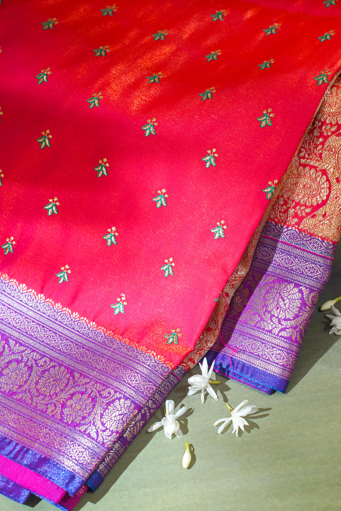 Radiant Red Banarasi Satin Silk Saree with Zari Embroidery Buti Work