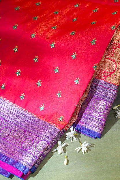 Radiant Red Banarasi Satin Silk Saree with Zari Embroidery Buti Work