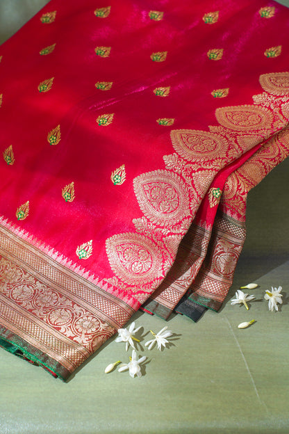 Classic Red Banarasi Satin Silk Saree with Zari Embroidery Buti Work