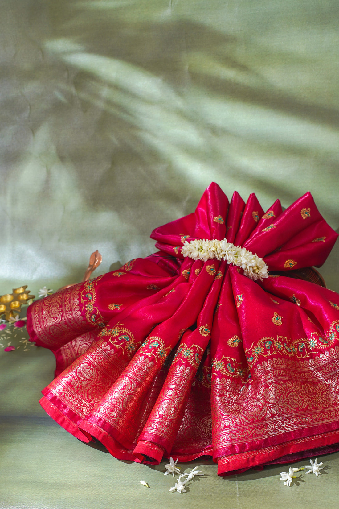 Classic Red Banarasi Satin Silk Saree with Zari Embroidery Buti Work