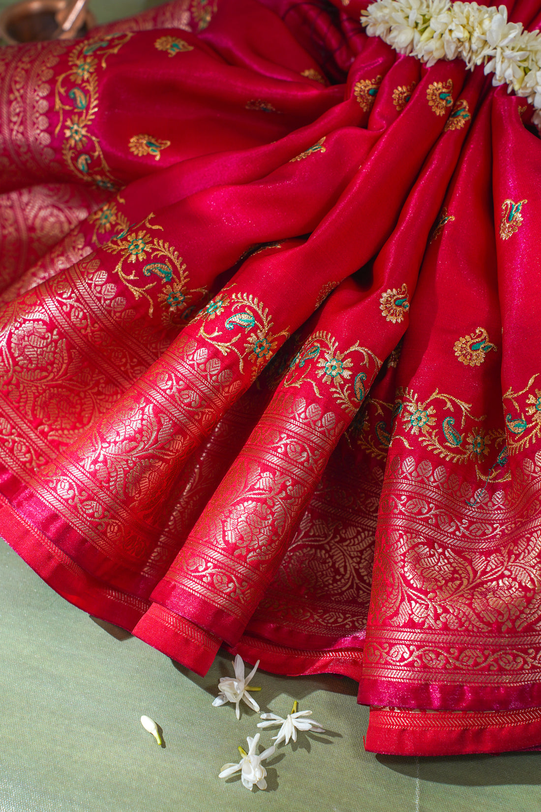 Classic Red Banarasi Satin Silk Saree with Zari Embroidery Buti Work