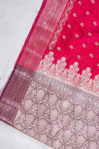 Classic Red Banarasi Satin Silk Saree with Zari Embroidery Buti Work
