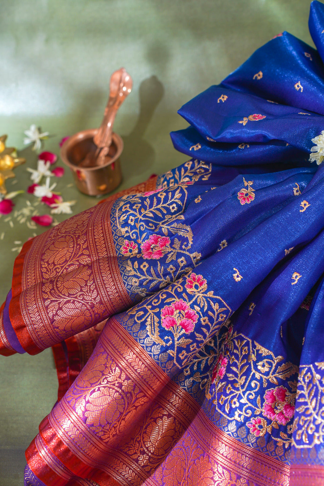 Royal Blue Banarasi Satin Silk Saree with Zari Embroidery Buti Work