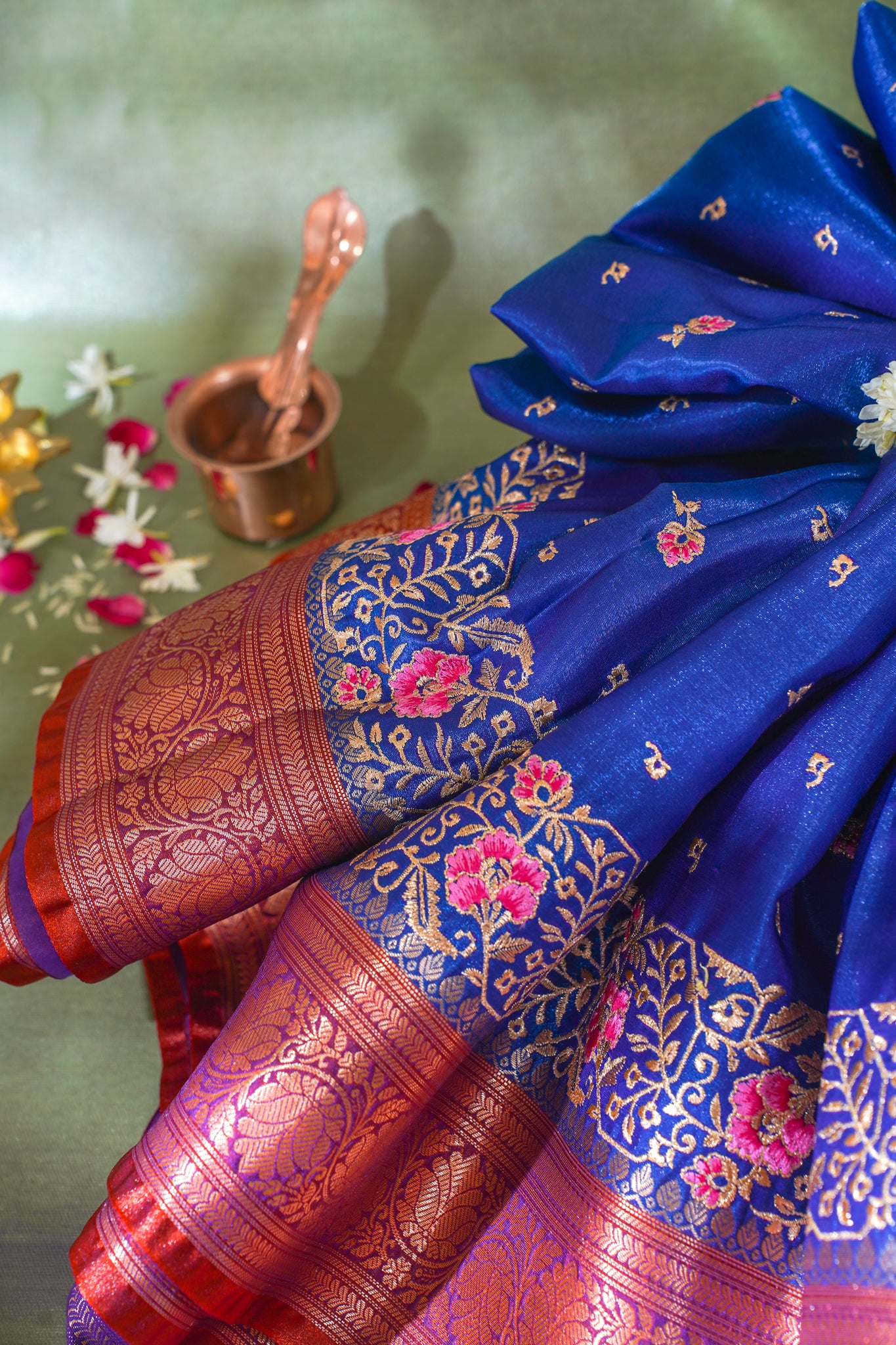 Royal Blue Banarasi Satin Silk Saree with Zari Embroidery Buti Work
