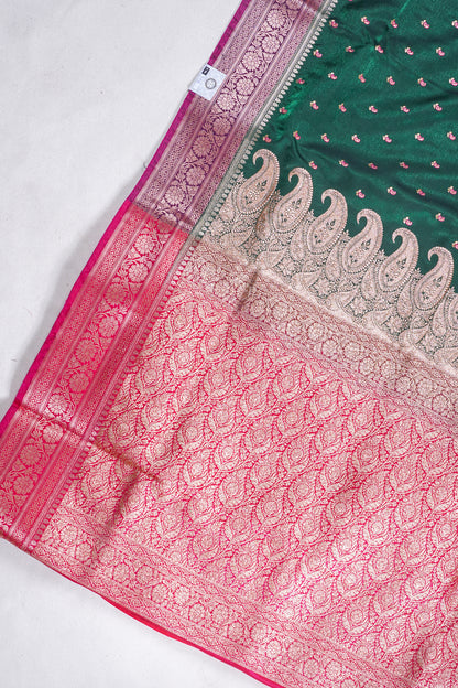 Green Banarasi Satin Silk Saree with Zari Embroidery Buti Work
