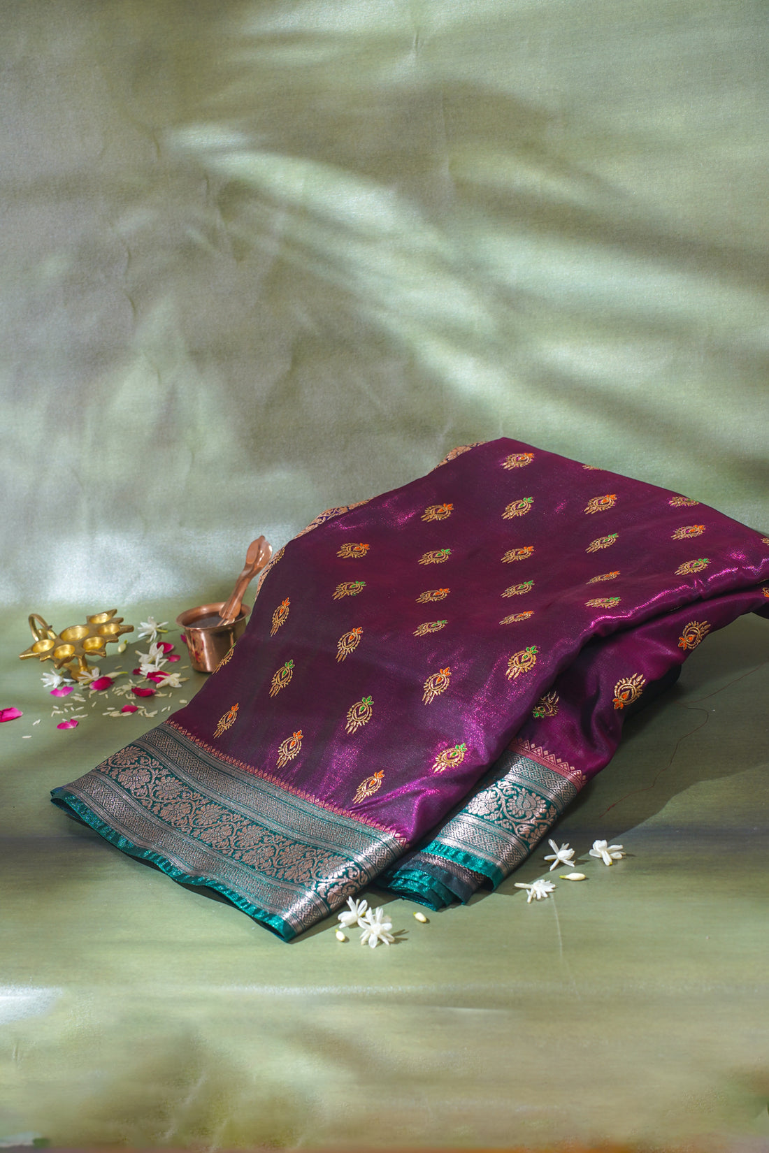 Wine Purple Banarasi Satin Silk Saree with Zari Embroidery Buti Work