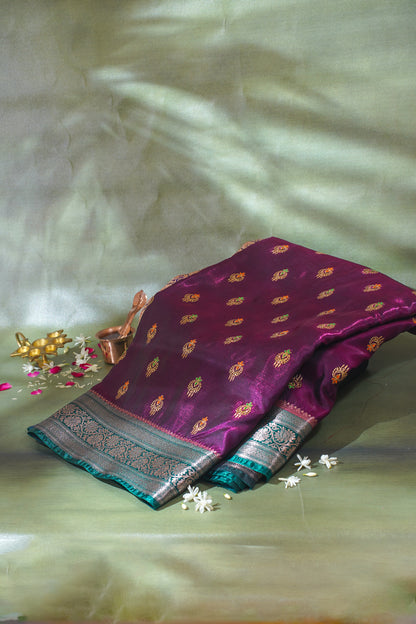 Wine Purple Banarasi Satin Silk Saree with Zari Embroidery Buti Work