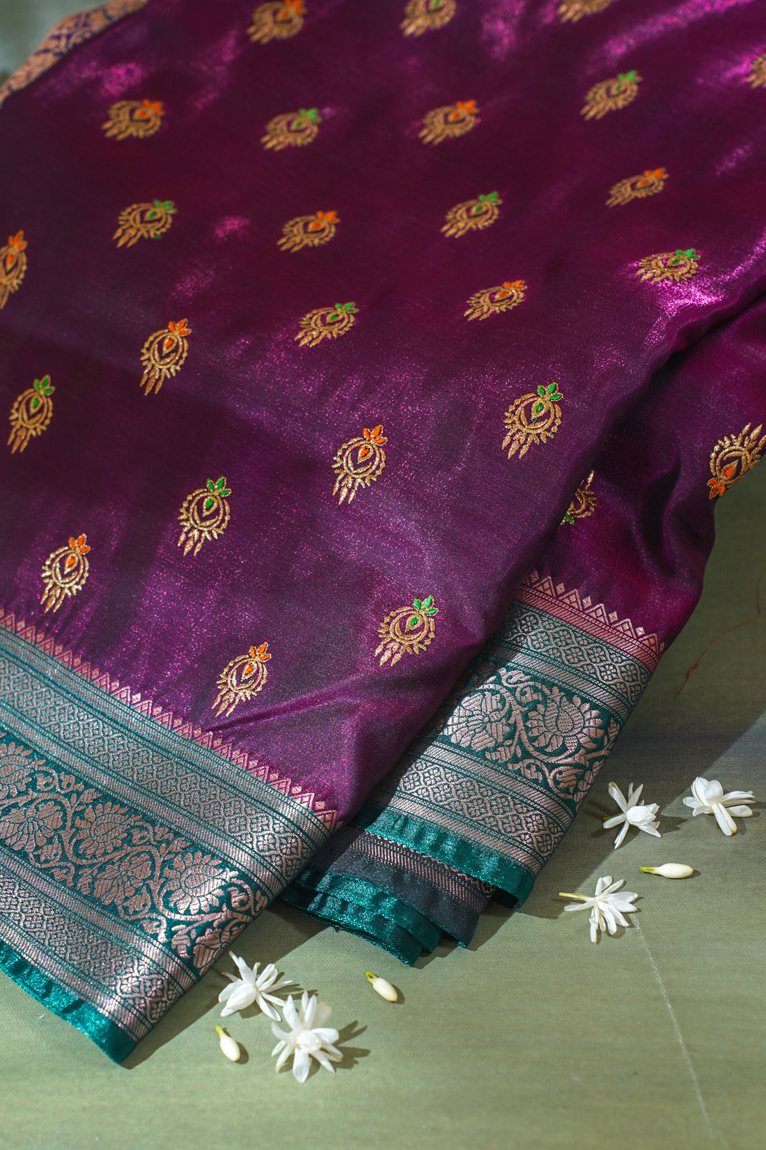 Wine Purple Banarasi Satin Silk Saree with Zari Embroidery Buti Work