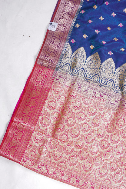 Teal Blue Banarasi Satin Silk Saree with Zari Embroidery Buti Work
