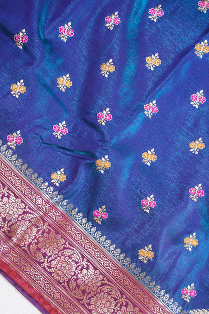 Teal Blue Banarasi Satin Silk Saree with Zari Embroidery Buti Work