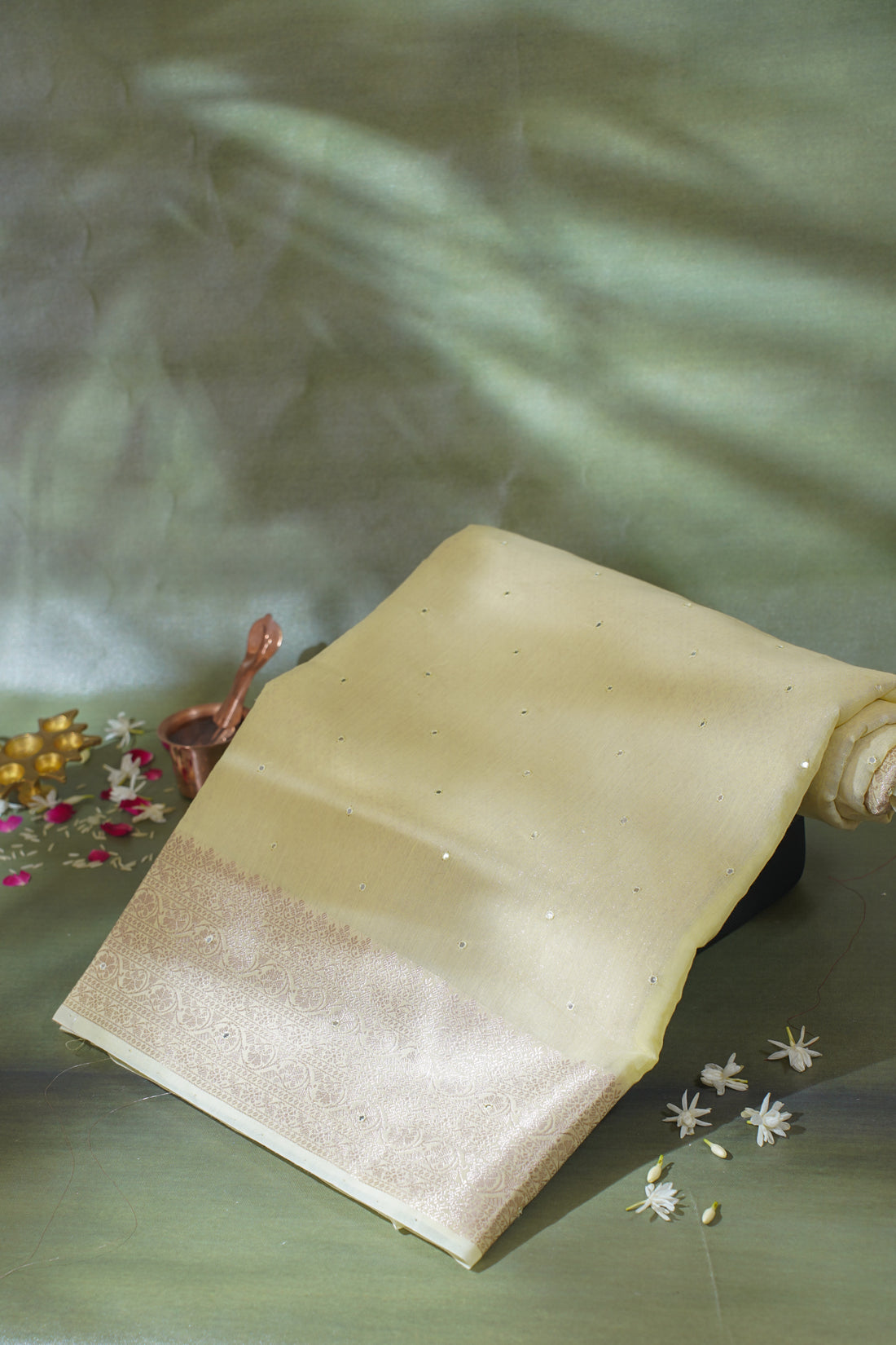 Pastel Yellow Mukesh Work Linen Saree