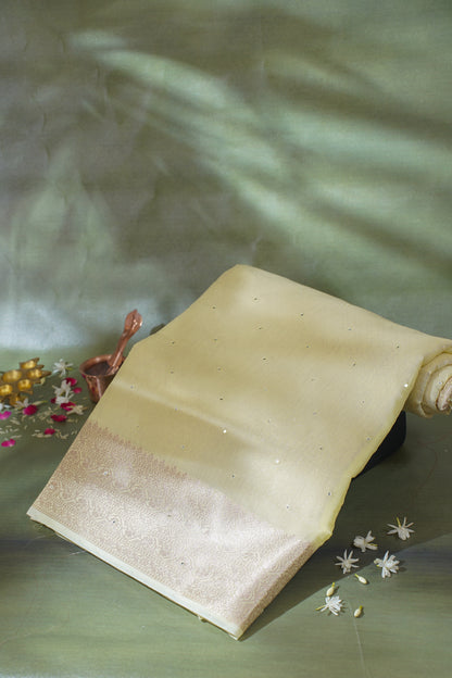 Pastel Yellow Mukesh Work Linen Saree