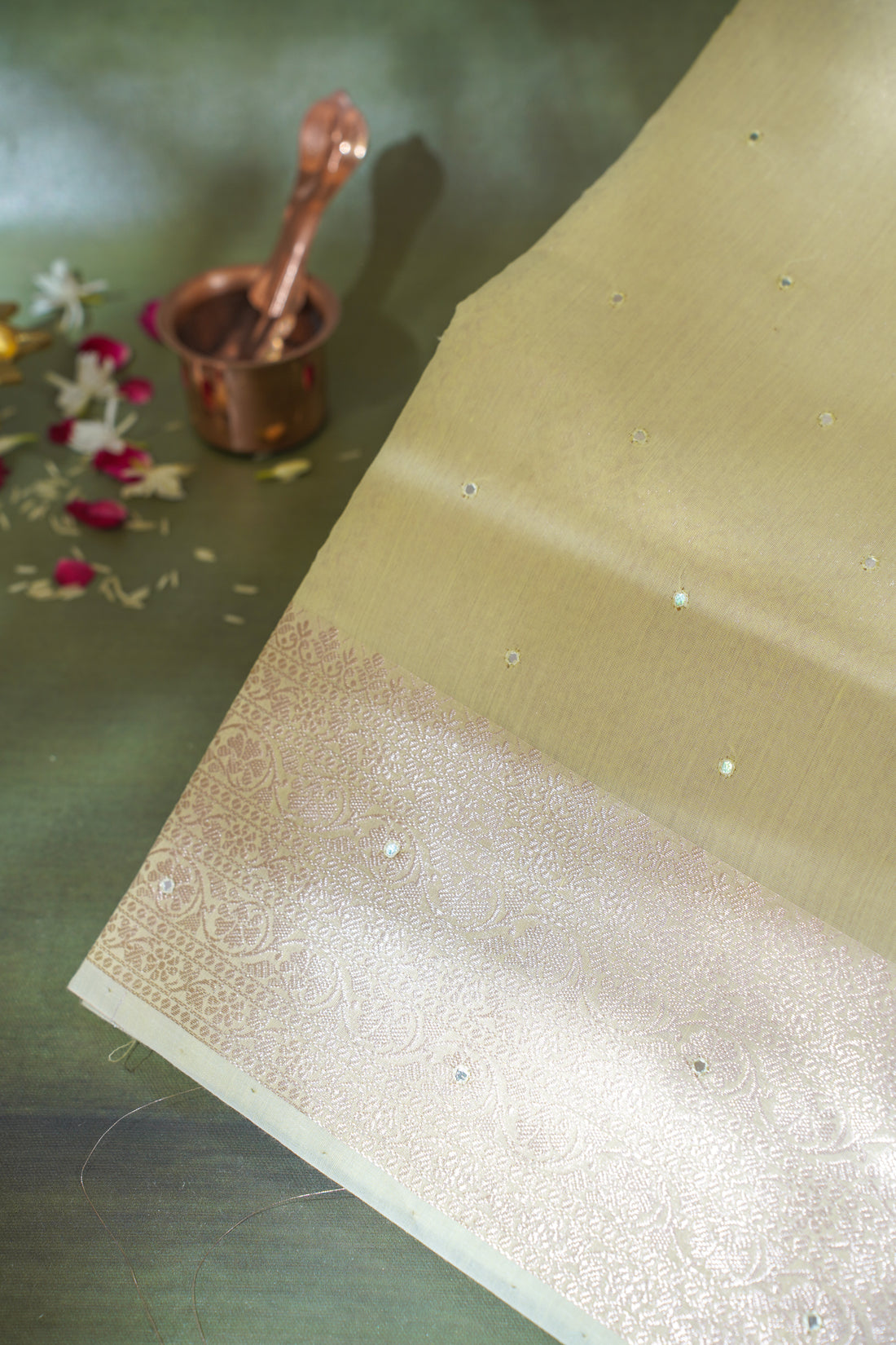 Pastel Yellow Mukesh Work Linen Saree