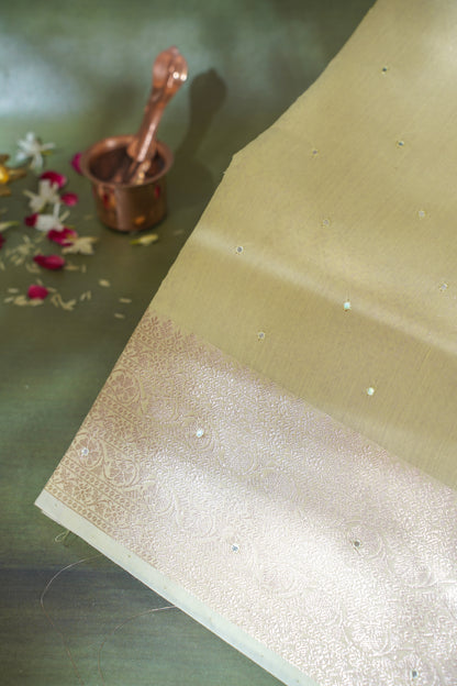 Pastel Yellow Mukesh Work Linen Saree