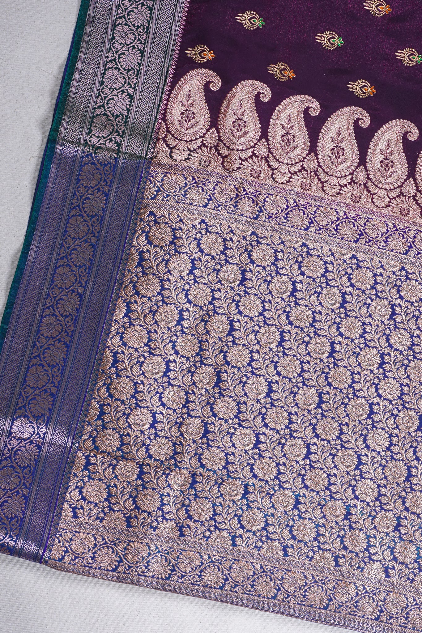 Wine Purple Banarasi Satin Silk Saree with Zari Embroidery Buti Work
