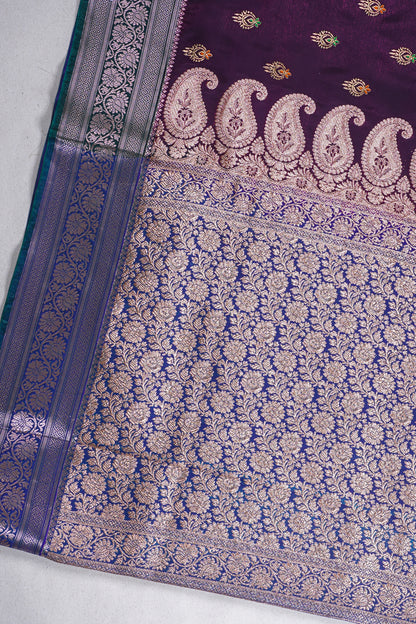 Wine Purple Banarasi Satin Silk Saree with Zari Embroidery Buti Work