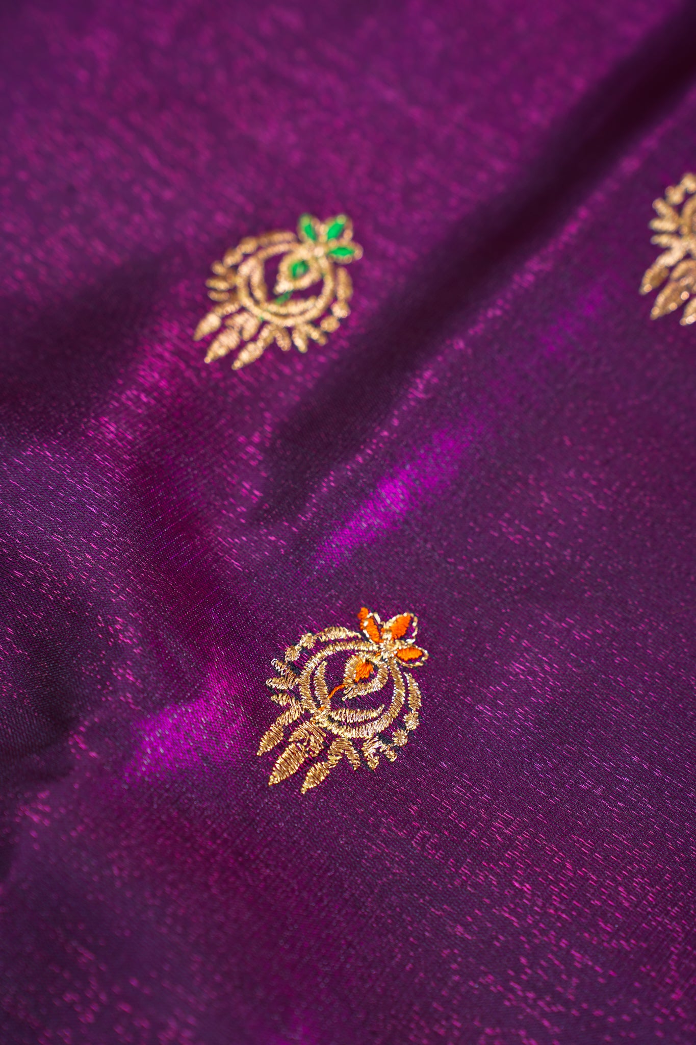 Wine Purple Banarasi Satin Silk Saree with Zari Embroidery Buti Work