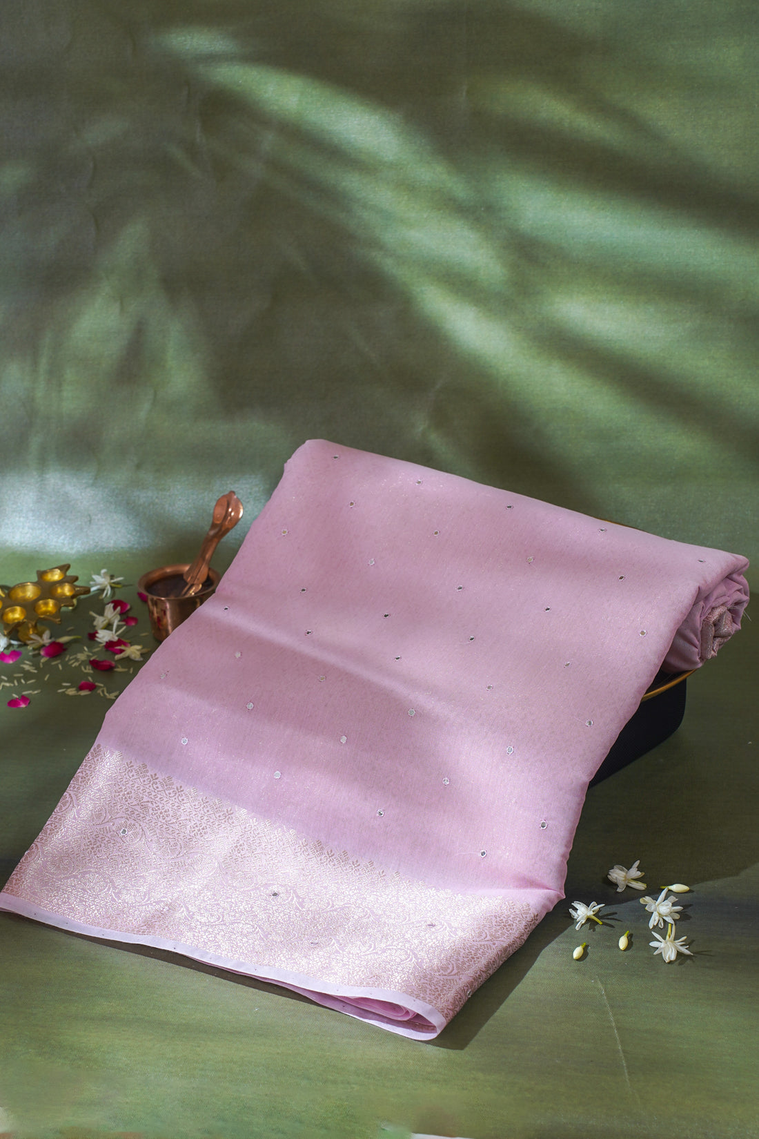 Pastel Pink Mukesh Work Linen Saree