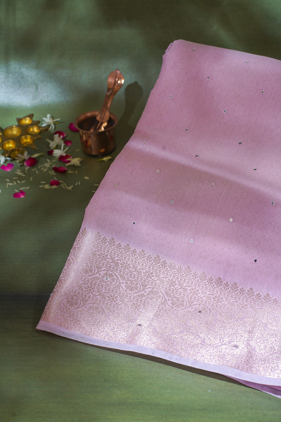 Pastel Pink Mukesh Work Linen Saree