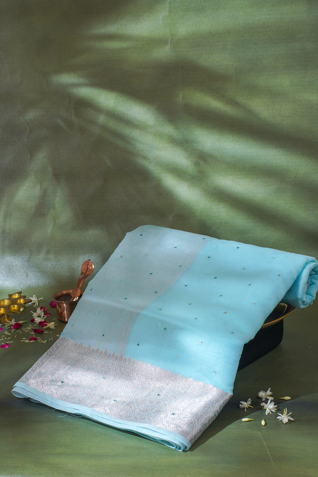 Aqua Blue Mukesh Work Linen Saree