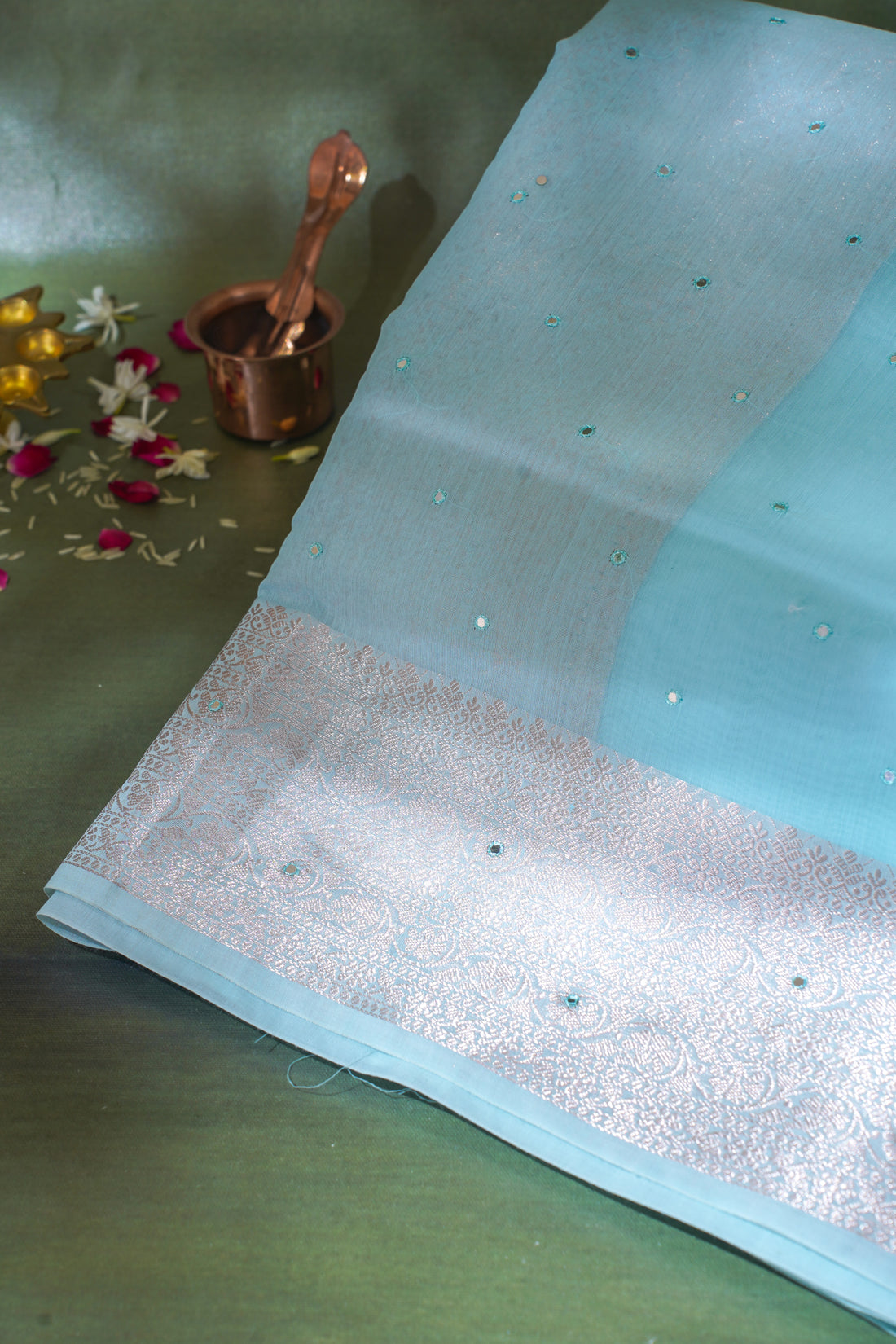 Aqua Blue Mukesh Work Linen Saree