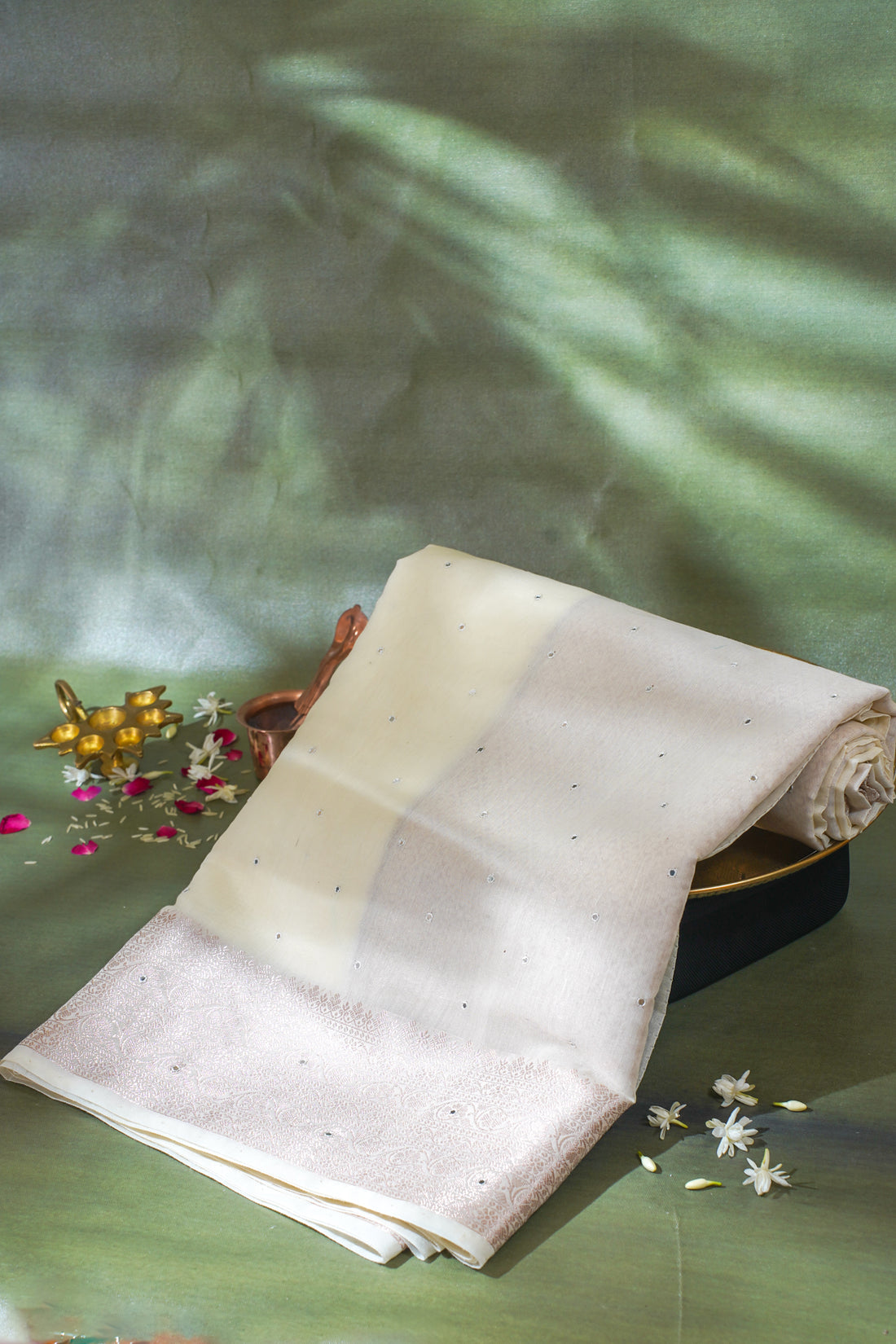 Ivory White Mukesh Work Linen Saree